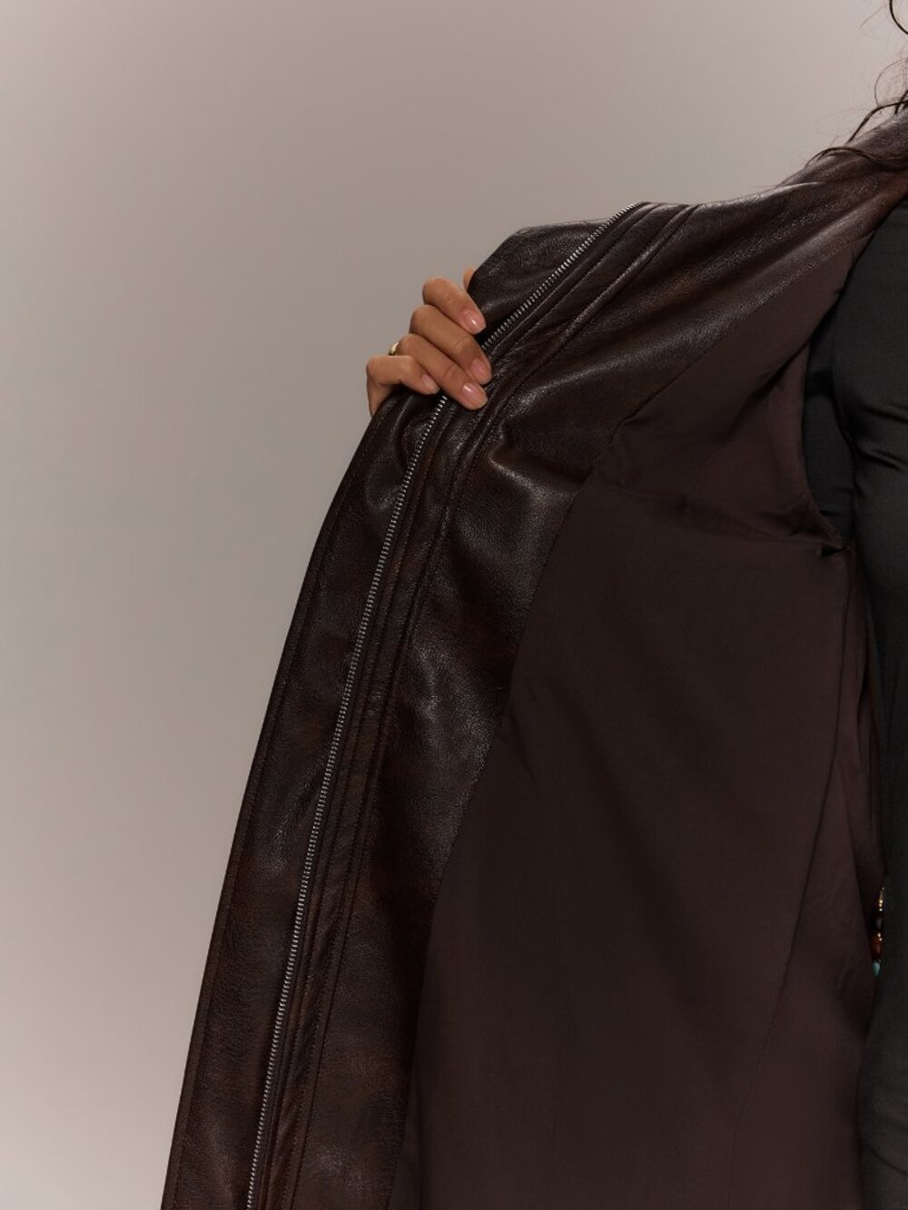 Brown Elegant Women's Loose Funnel Neck Zipper Faux Leather Trench Coat - Picture 7 of 7